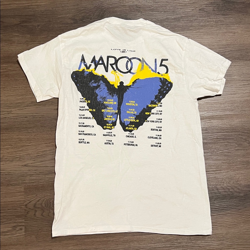 Maroon 5 white tshirt butterfly love is like concert motif 2025 official